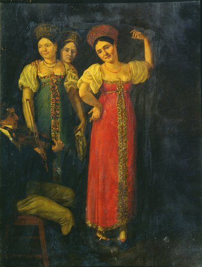 Violinist and Three Women Dancing by Russian School